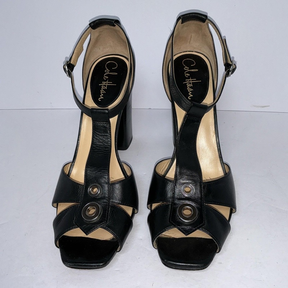 Cole Haan NikeAir Black Leather T-Strap Sandals Size 8.5B Chunky Heel Peep Toe - Picture 2 of 10